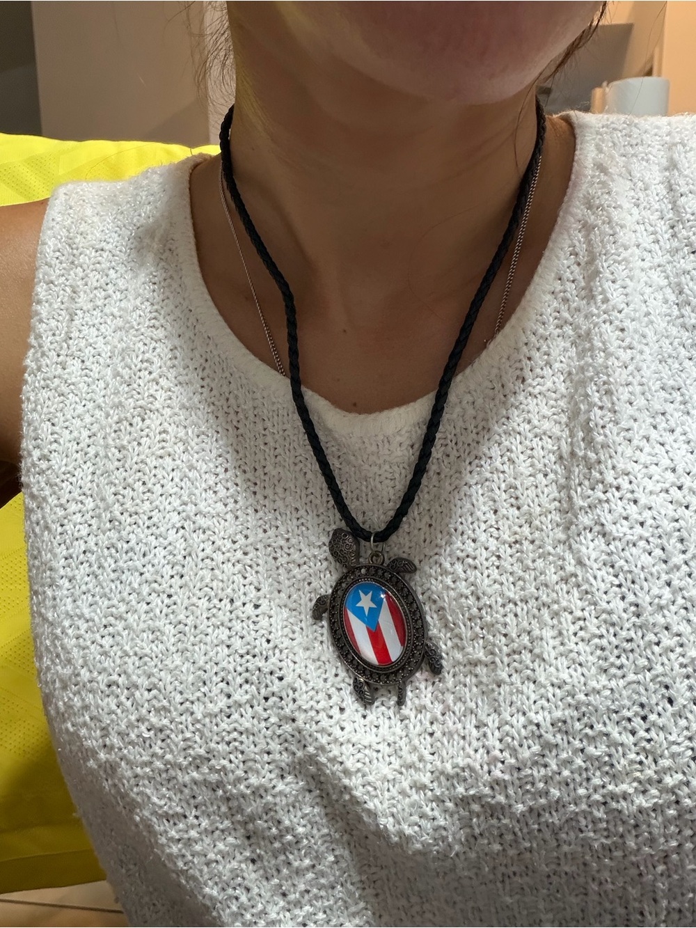Turtle Pendant Necklace with Puerto Rico Flag - Black Cord